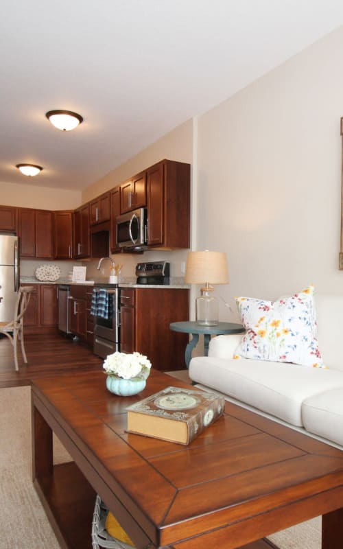 Resident apartment living room with sofa and coffee table at The Pillars of Mankato in Mankato, Minnesota