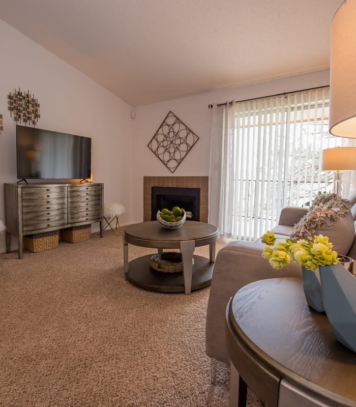 Carpeted living room at Windsail Apartments in Tulsa, Oklahoma