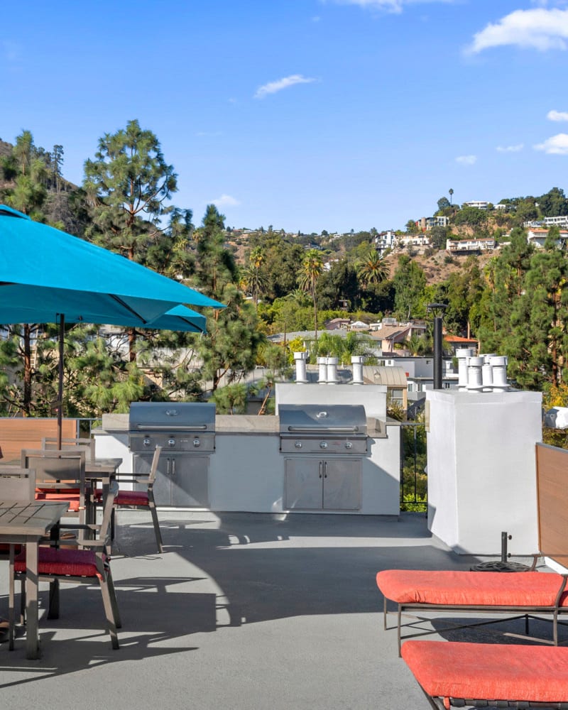 Patio and barbeque area at The Ruby Hollywood, Los Angeles, California