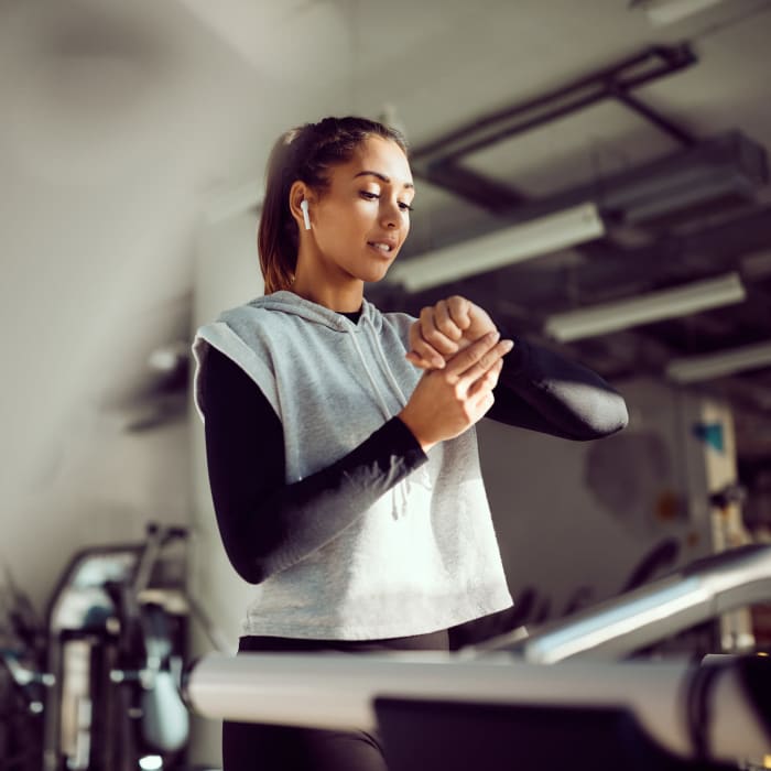 A resident works out in the fitness center at The Cascades, Virginia Beach, Virginia