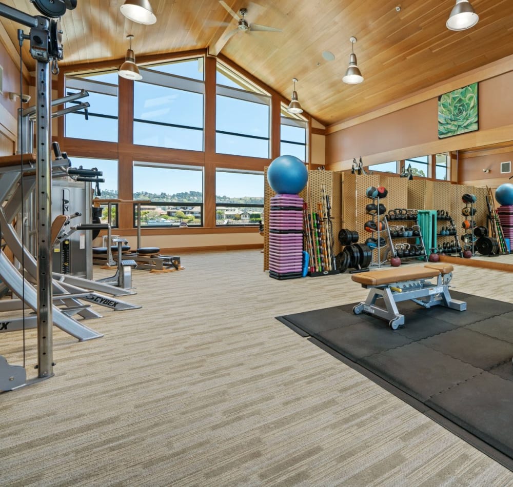 Gym and fitness room for residents at Harbor Point Apartments in Mill Valley, California