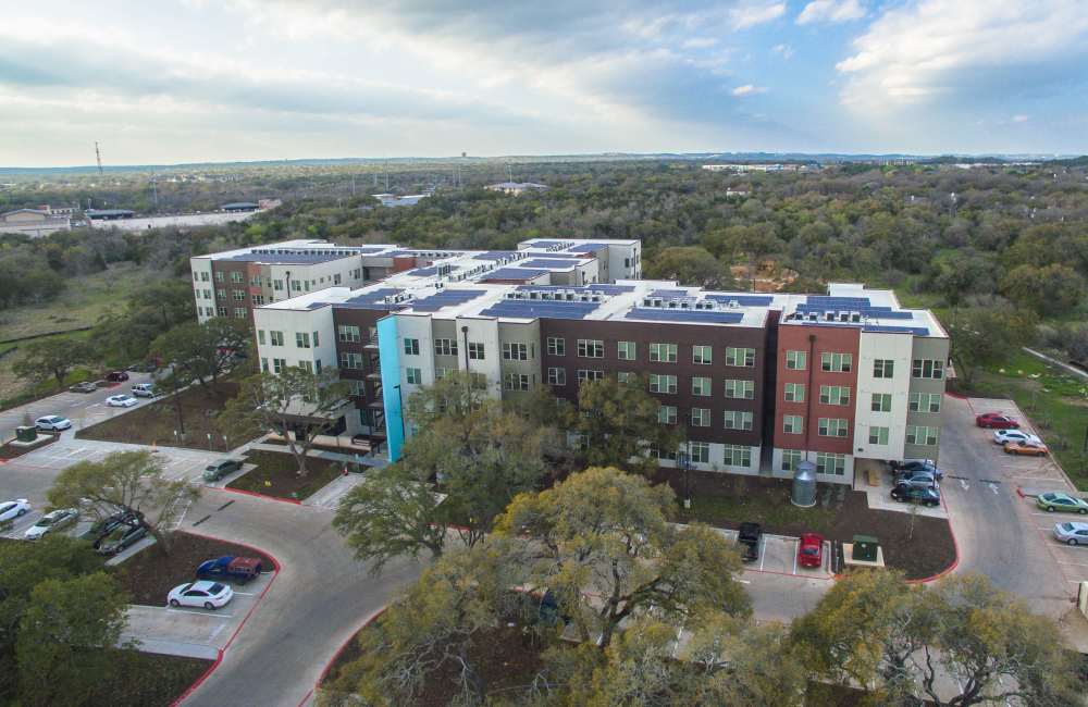 Aerial view at Homestead Oaks Apartments in Austin,Texas