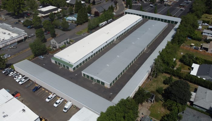 Aerial view of A Storage Place with drive-up storage units and electronic gated access in Keizer, Oregon