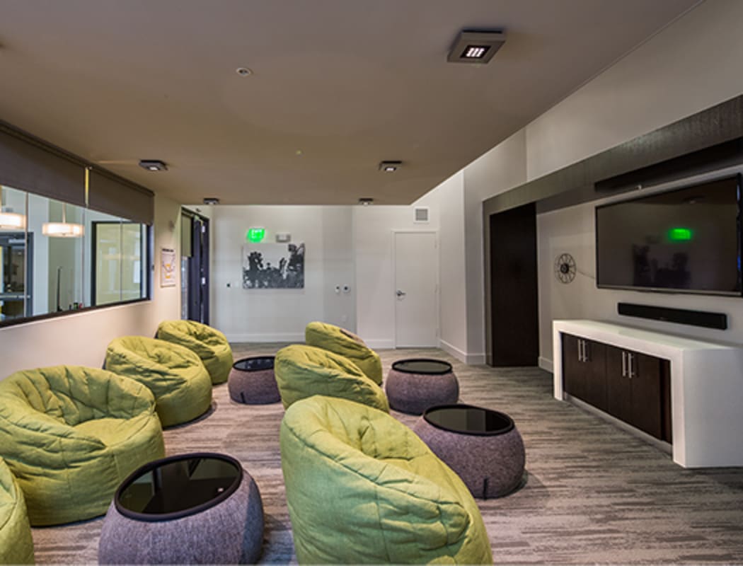 Cozy bean bags and large tv in the clubhouse at The Tala at Washington Hill in Baltimore, Maryland