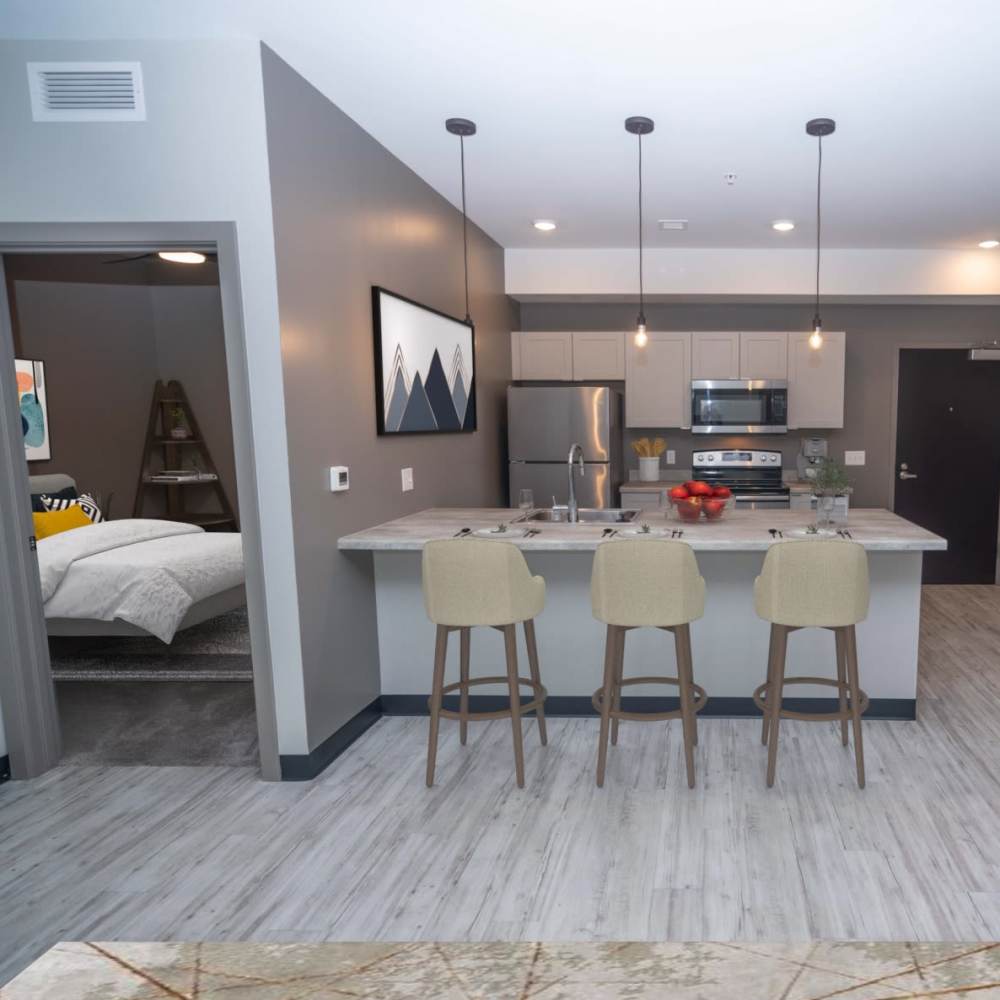 A view of kitchen and bedroom from living room at Diamond Place I in Grand Rapids, Michigan