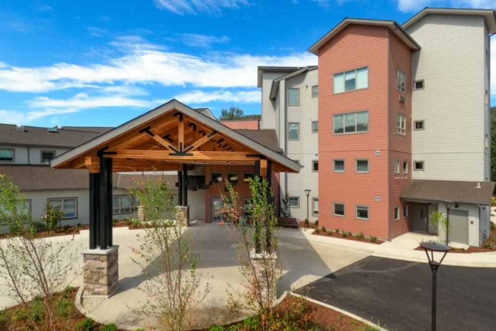 The entrance at The Landing a Senior Living Community in Roseburg, Oregon. 