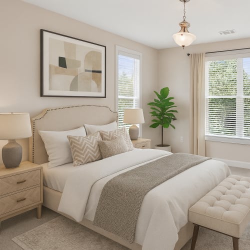 Bedroom with connecting bathroom at Avalon At Sweeten Creek in Arden, North Carolina