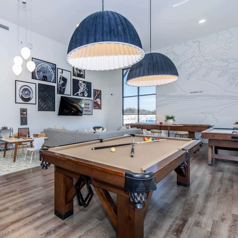 Community clubhouse with pool table at InterUrban 2.0 in Billings, Montana
