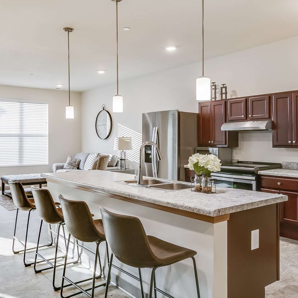 Cozy community space with kitchen and dining setup at Chelsea Commons in Sugar Grove, Illinois