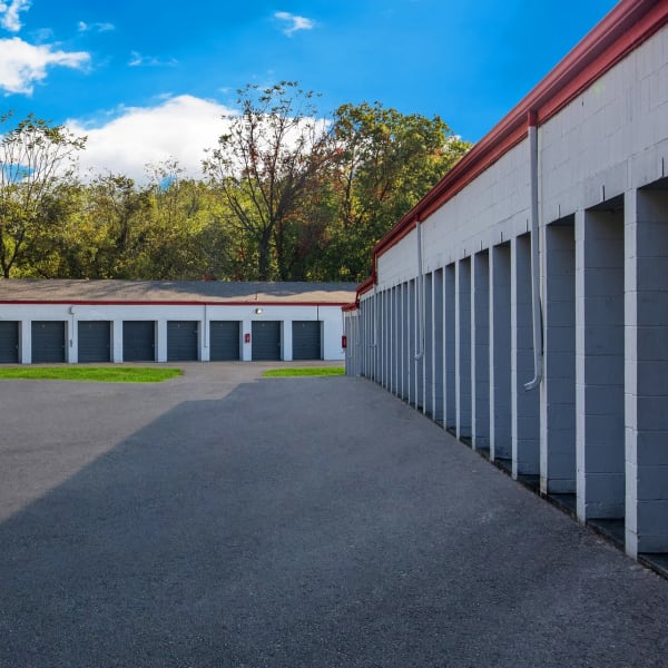 Outdoor storage units with wide drive aisles at StorQuest Economy Self Storage in Dayton, Ohio