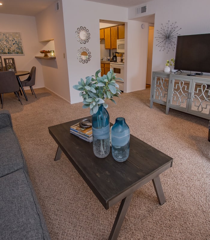 Carpeted living room at Windsail Apartments in Tulsa, Oklahoma