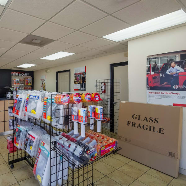 Packing supplies available in the leasing office at StorQuest Economy Self Storage in Houston, Texas