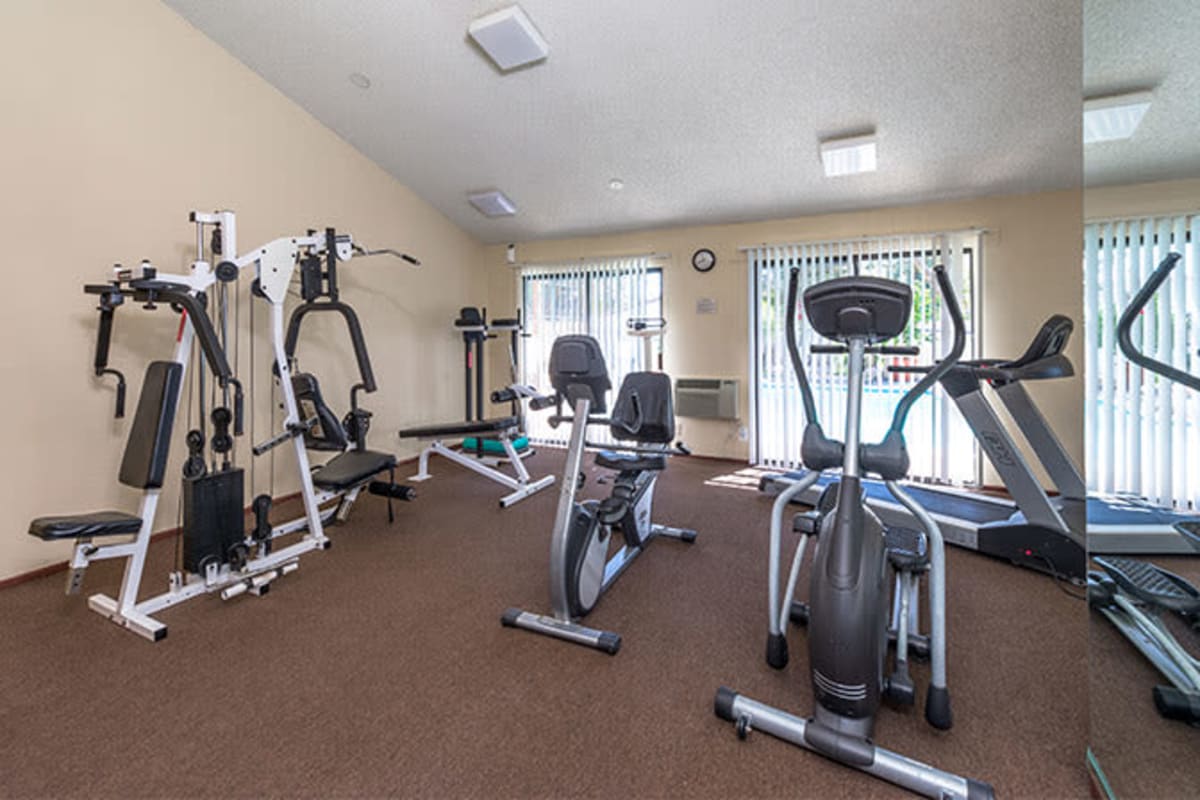 Well equipped fitness center at Ariel Court, Los Angeles, California