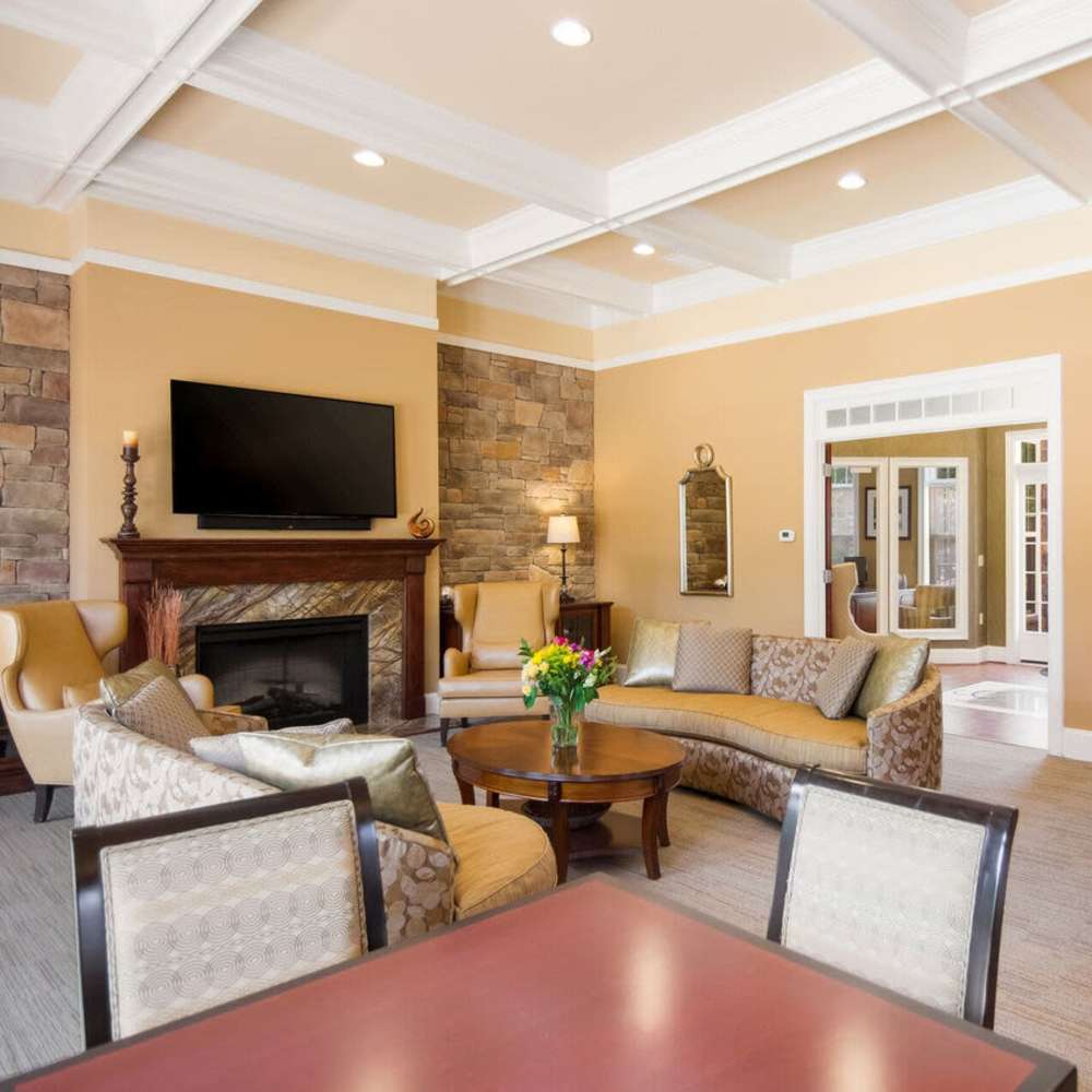 Lounge area with seating and fireplace at Waverly Place in Louisa, Virginia