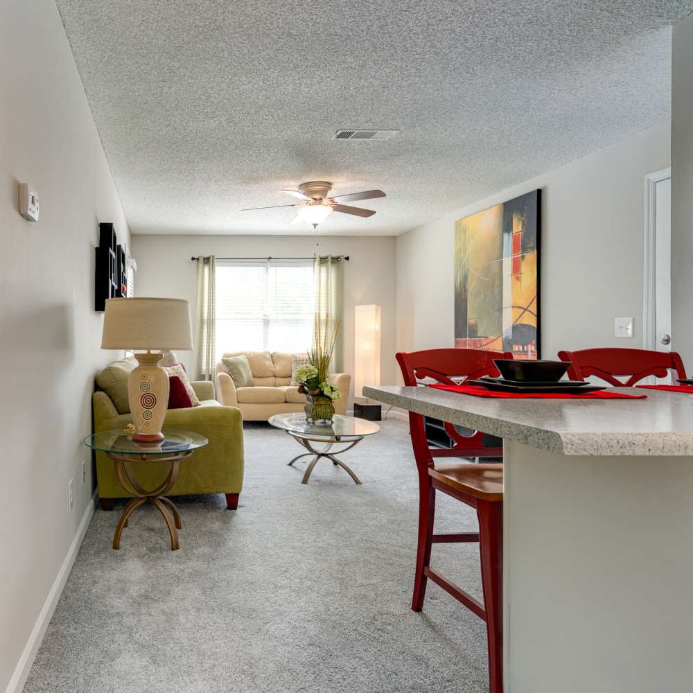 A view of the living room through the kitchen at Park Canyon in Dalton, Georgia