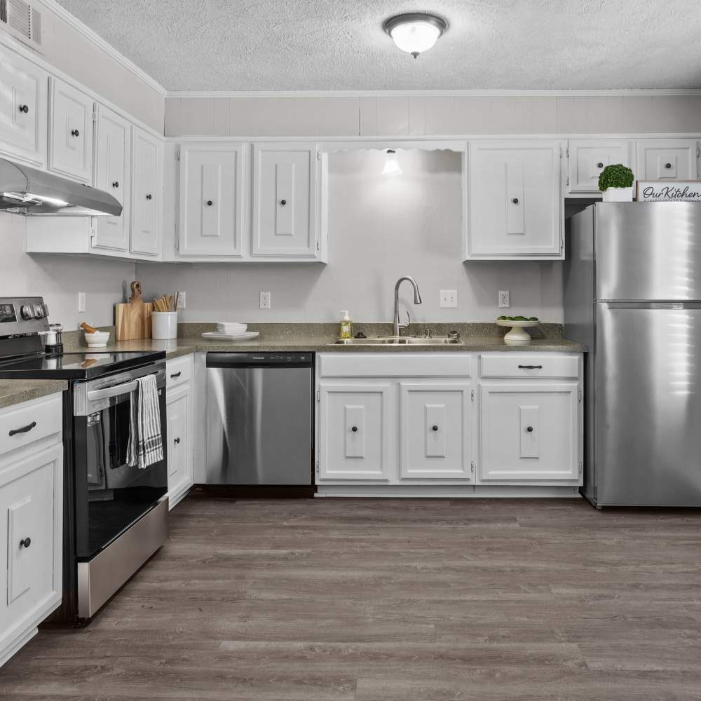 Modern kitchen with sleek appliances and stylish white cabinetry at Pecan Ridge in Vicksburg, Mississippi.