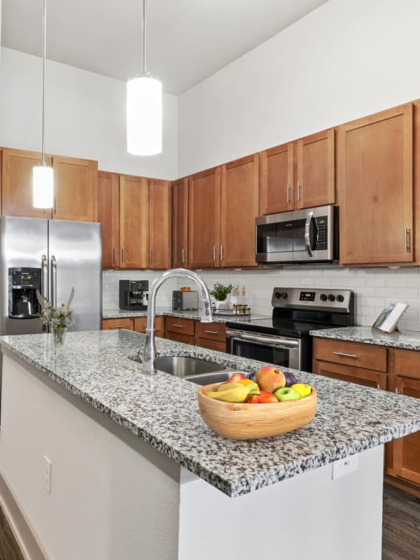 Kitchen with stainless-steel appliances at Lantower Legacy Lakes in Lewisville, Texas