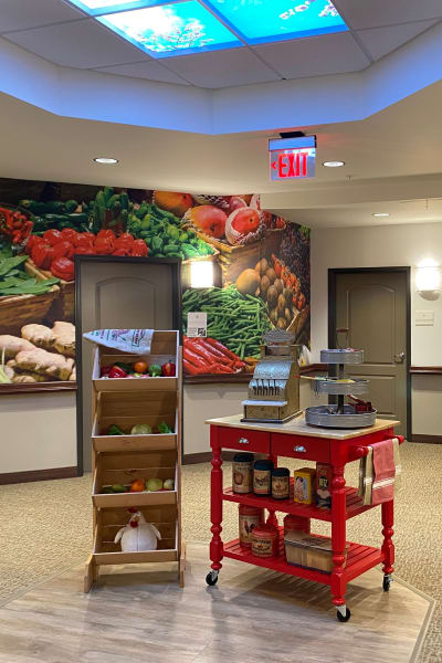 Produce stand in a themed hallway at Quail Park at Shannon Ranch in Visalia, California