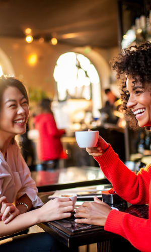 Residents having coffee together near Bent Creek Apartments in Lewisville, Texas