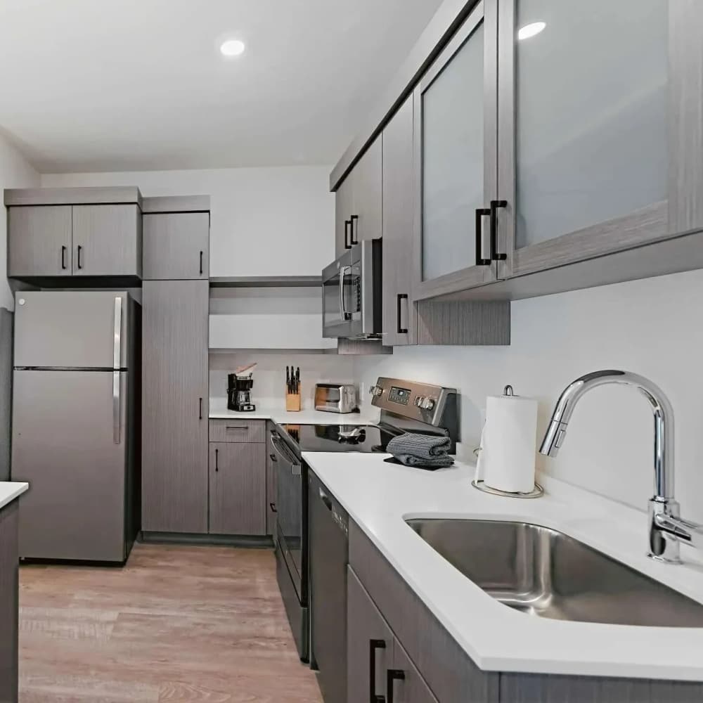 Modern kitchen with stainless steel appliances at WaterWalk Huntsville in Huntsville, Alabama