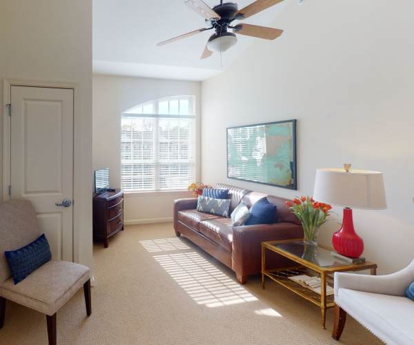 Bright living room at Harmony at Harbour View in Suffolk, Virginia