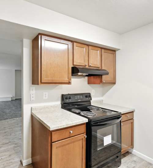 Kitchen with steel appliances at North River Landing in Elkhart, Indiana