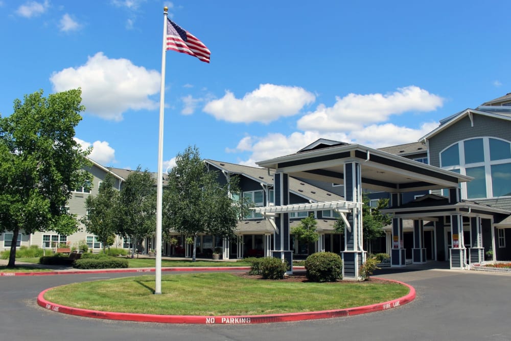 The main entrance at Timber Pointe Senior Living in Springfield, Oregon. 