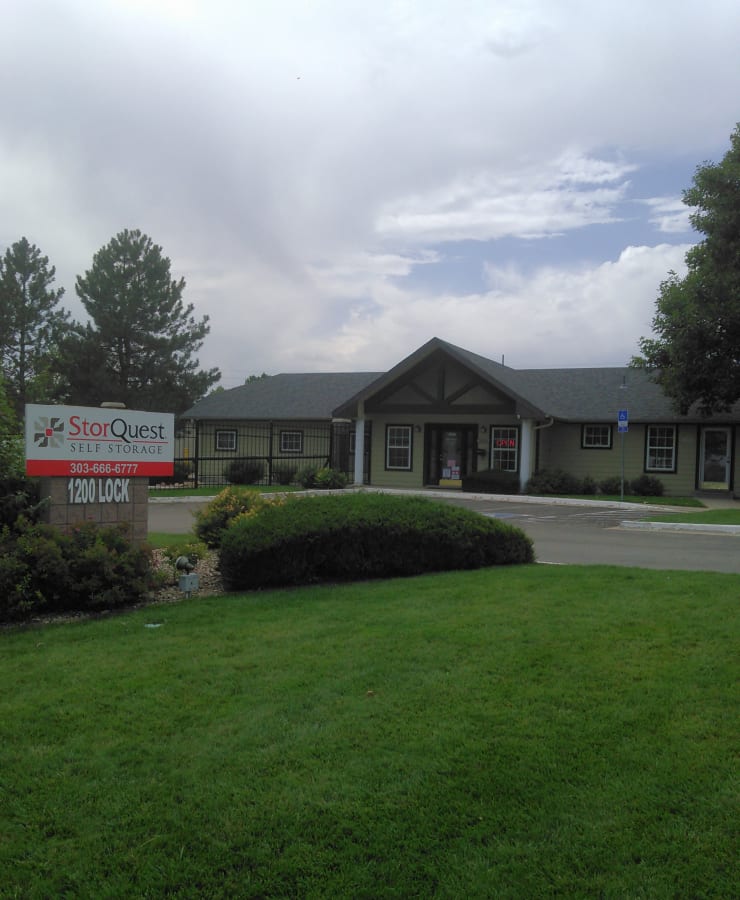 The exterior of the main entrance at StorQuest Self Storage in Louisville, Colorado