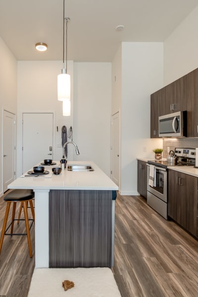 Modern kitchen with stainless-steel appliances at West 38 in Wheat Ridge, Colorado