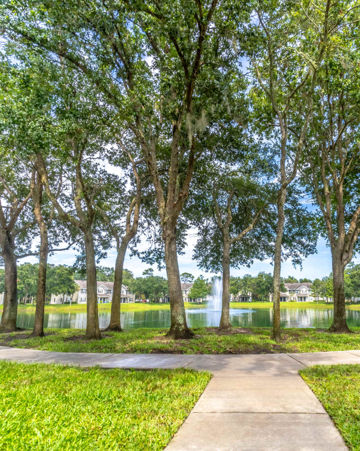 Shaded walking path beside a landscaped pond at Newport Sound Apartments in New Smyrna Beach, Florida