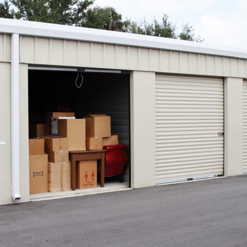 A wide driveway and open unit at Red Dot Storage in Lee's Summit, Missouri