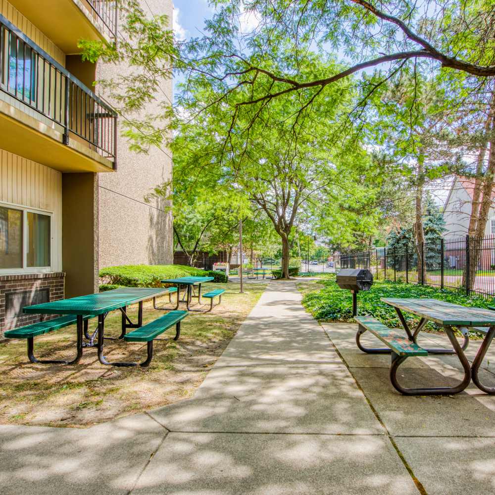 Outdoor seating area at Village Center in Detroit, Michigan