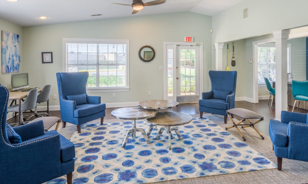 Blue arm chairs in the clubhouse at 226 Oceana in Virginia Beach, Virginia