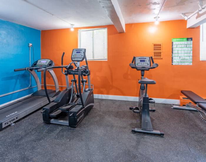 Fully equipped fitness center at West End Trails in Golden Valley, Minnesota