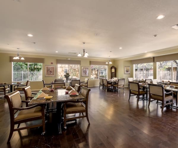 Large indoor dining area at Pacifica Senior Living Chino Hills in Chino Hills, California