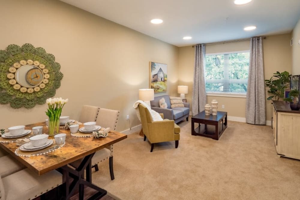 Dining area and seating in apartment at The Landing a Senior Living Community in Roseburg, Oregon. 