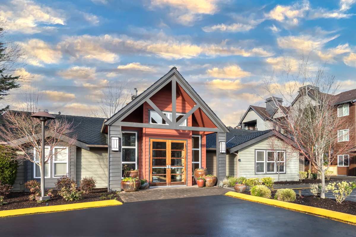 Exterior of clubhouse entrance at Redmond Place Apartments in Redmond, Washington