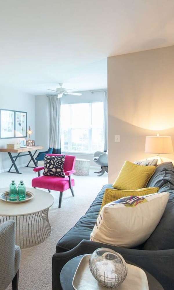 Open living space with stylish furniture at The Elms at Germantown in Germantown, Maryland