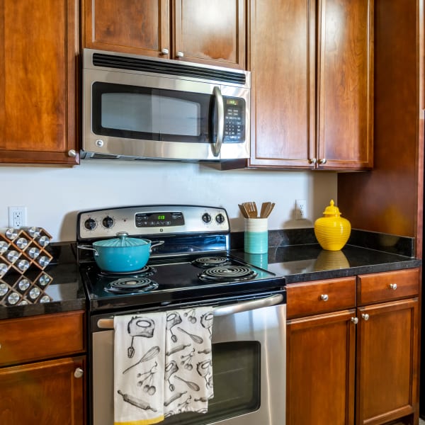 Mitchen with stainless-steel appliances and granite counter tops at The Carlton at Greenbrier, Chesapeake, Virginia