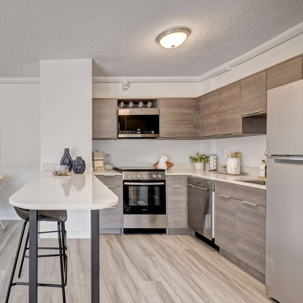 Kitchen with granite countertops at The Otis in Dallas, Texas