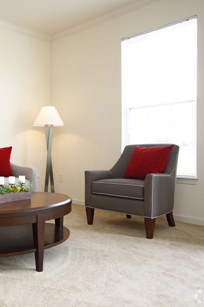 Furnished living space with plush carpeting at Watersedge in Champaign, Illinois