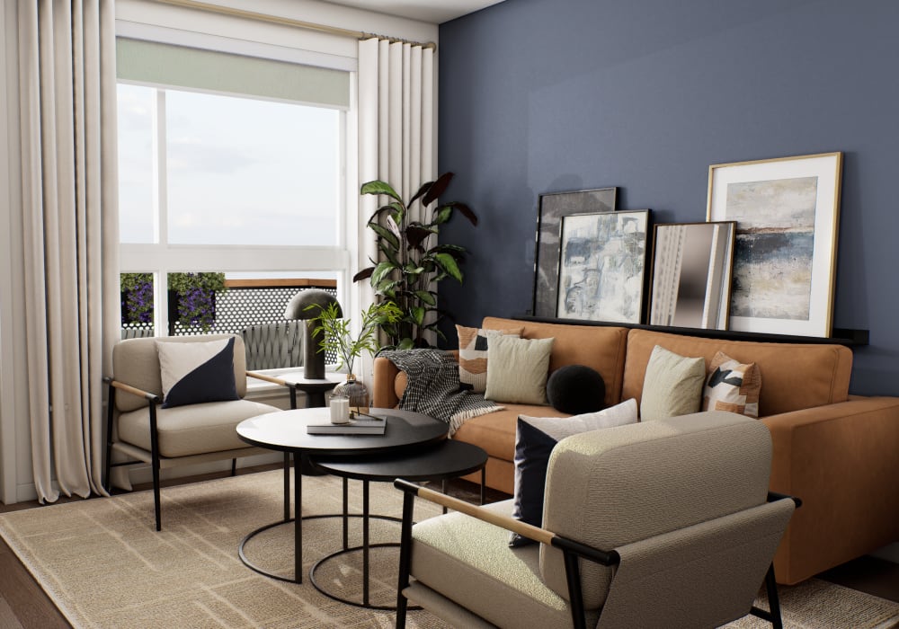 Stylish living room with neutral color palette at The Colton in Redwood City, California