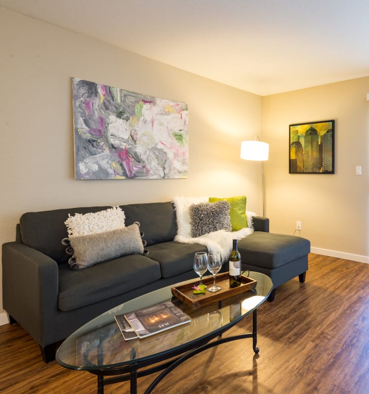 Open-concept living area in a model home at Haven Martinez in Martinez, California