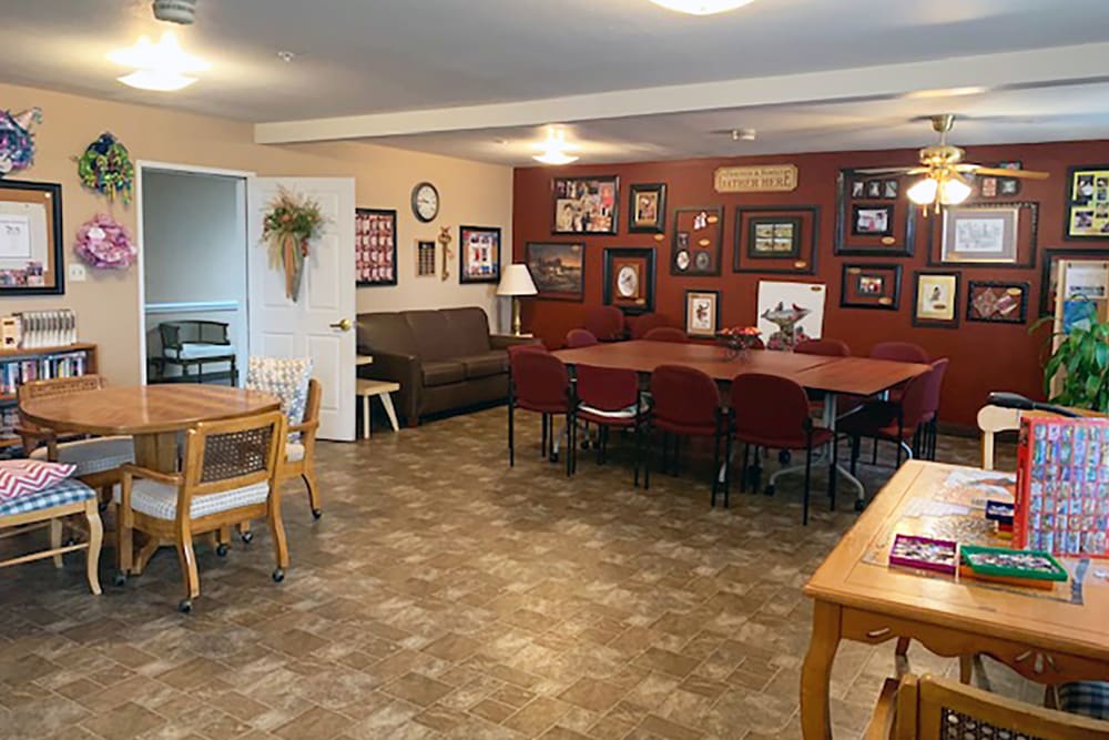 A brightly lit activity room at Peachtree Village Retirement Community in Roswell, New Mexico. 