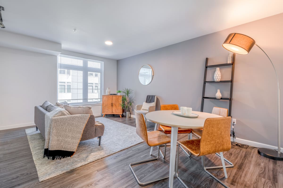 Apartment living room and dining area at Circa Greenlake in Seattle, Washington