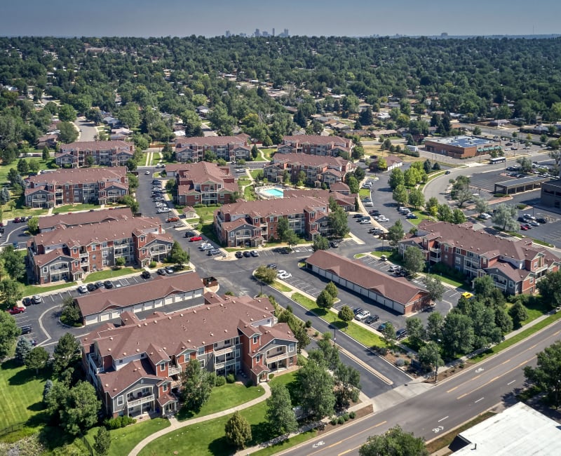 Aerial view of the property and surrounding area at Bear Valley Park in Denver, Colorado