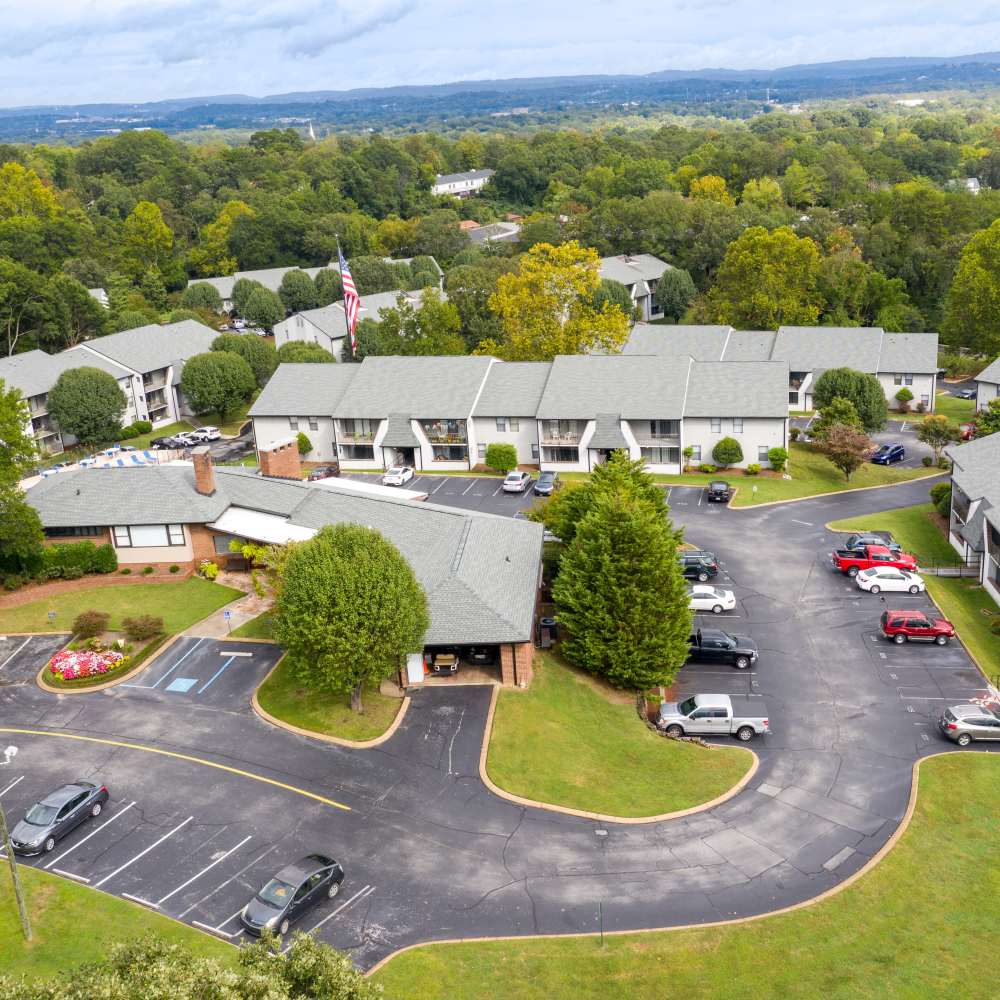 Road through drone shot at Germantown Gardens in East Ridge, Tennessee