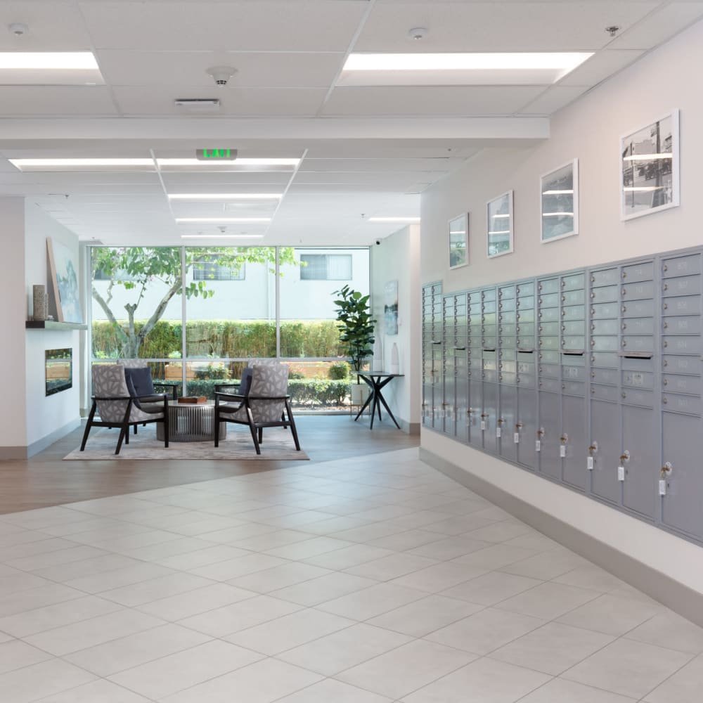 Mailboxes and fireplace lounge at Golden West Tower Apts in Torrance, California