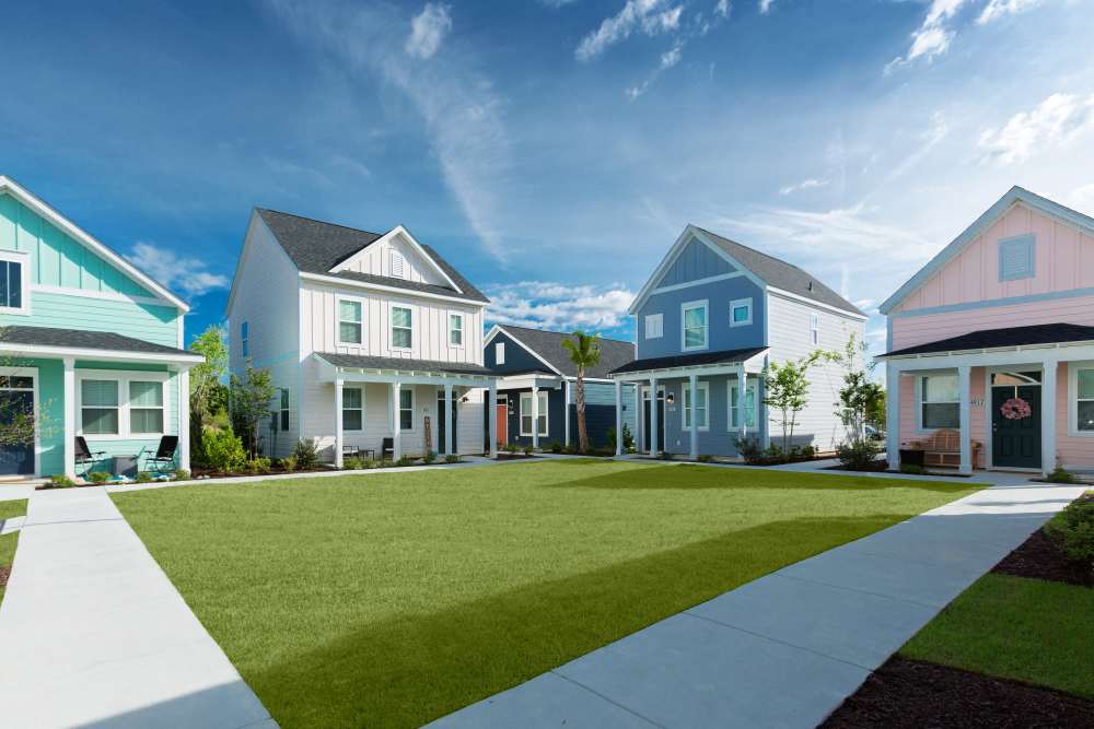 Exterior view of apartments with walkway at Seaglass Cottage in North Myrtle Beach, South Carolina