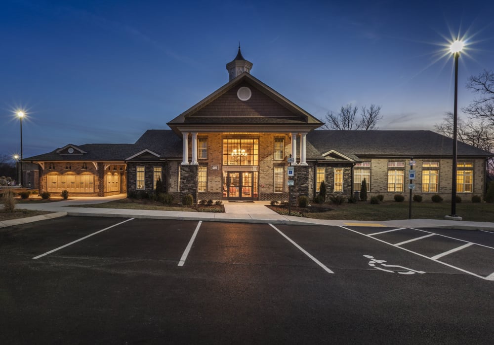 Front entrance of residence lounge at twilight at Glass Creek in Mt Juliet, Tennessee